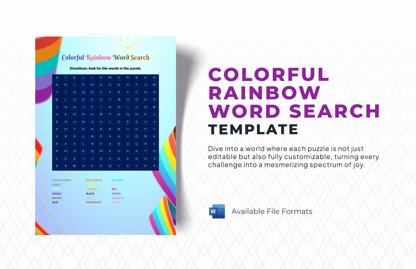 Free Colorful Rainbow Word Search Template in Word