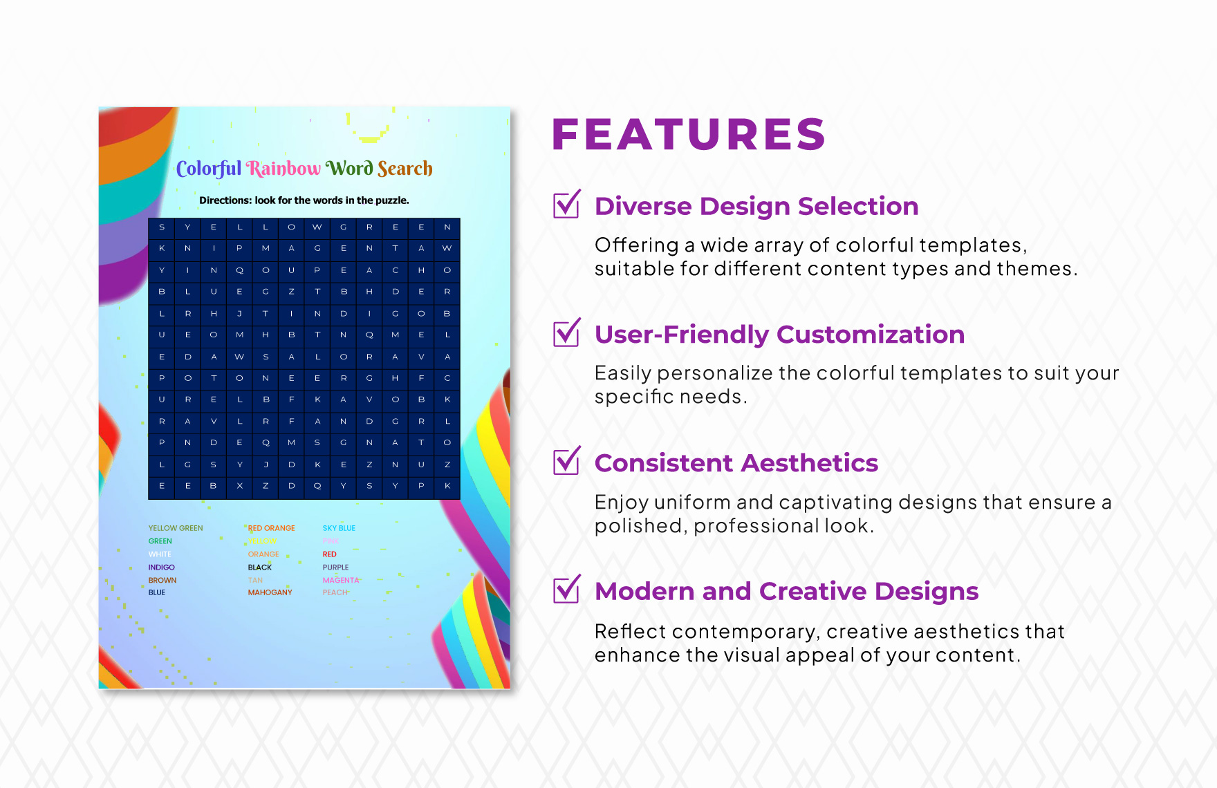Colorful Rainbow Word Search Template
