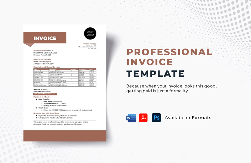 Professional Invoice Template in PSD, Word, PDF - Download | Template.net