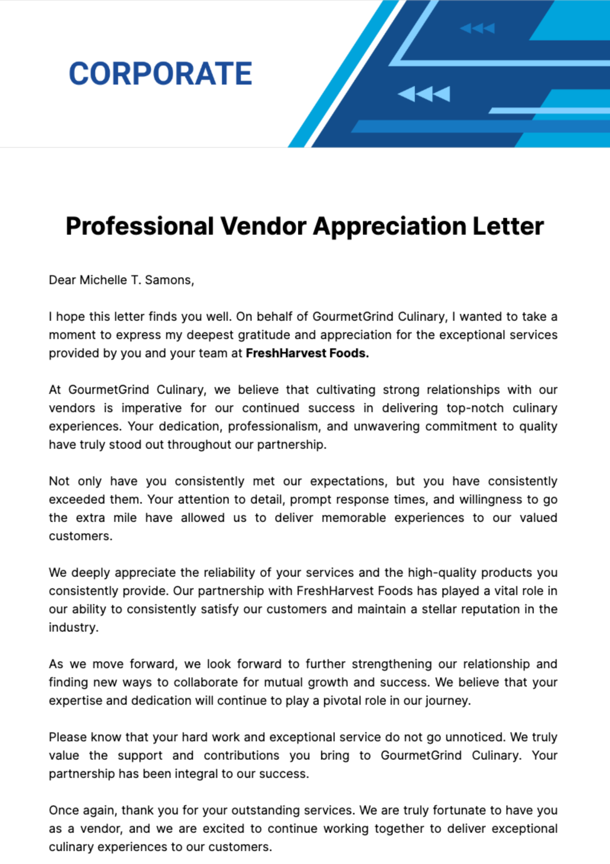 Professional Vendor Appreciation Letter Template