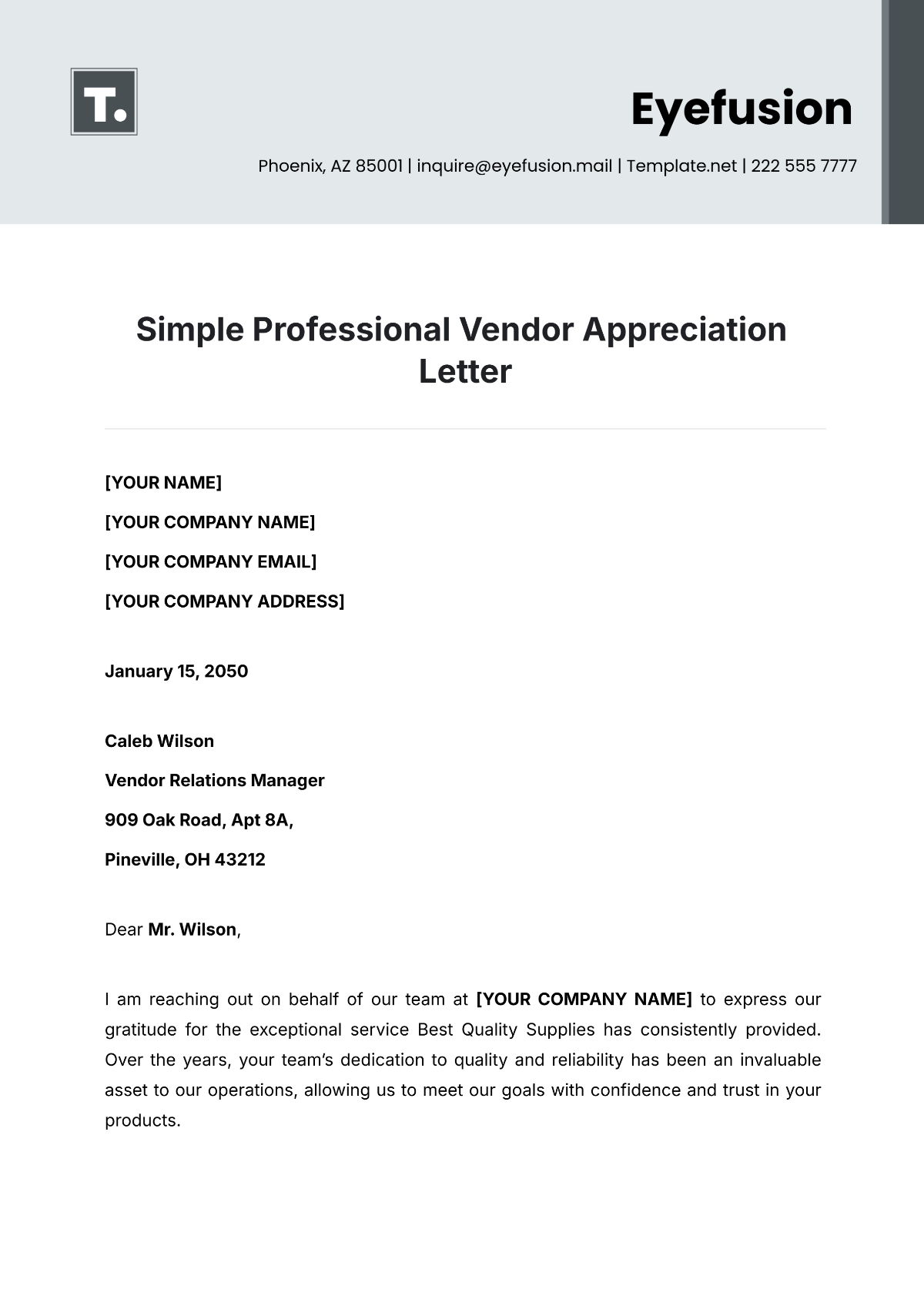 Simple Professional Vendor Appreciation Letter Template - Edit Online & Download