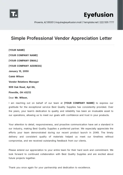 Free Simple Professional Vendor Appreciation Letter Template to Edit Online