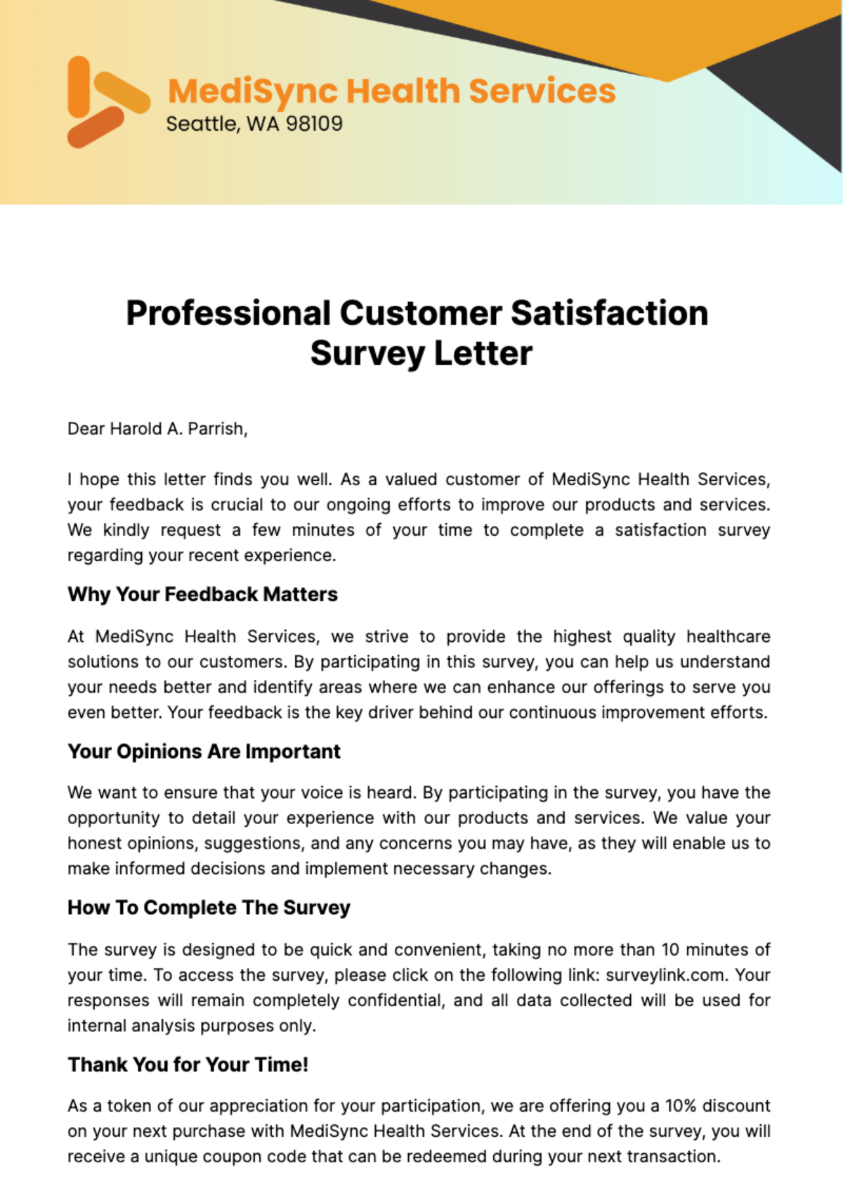 Free Professional Customer Satisfaction Survey Letter Template