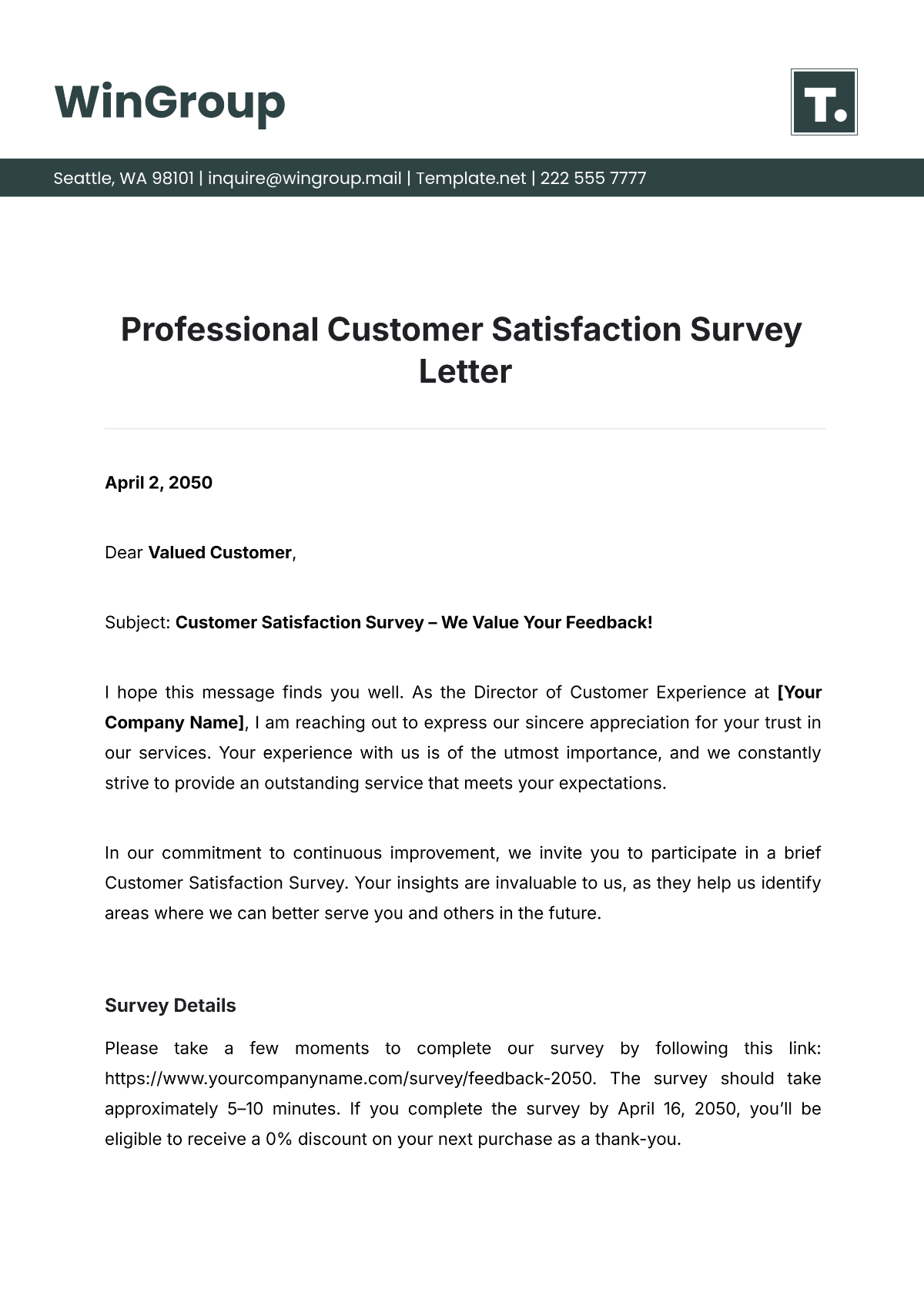 Professional Customer Satisfaction Survey Letter Template - Edit Online & Download