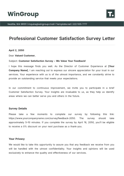 Free Professional Customer Satisfaction Survey Letter Template to Edit Online