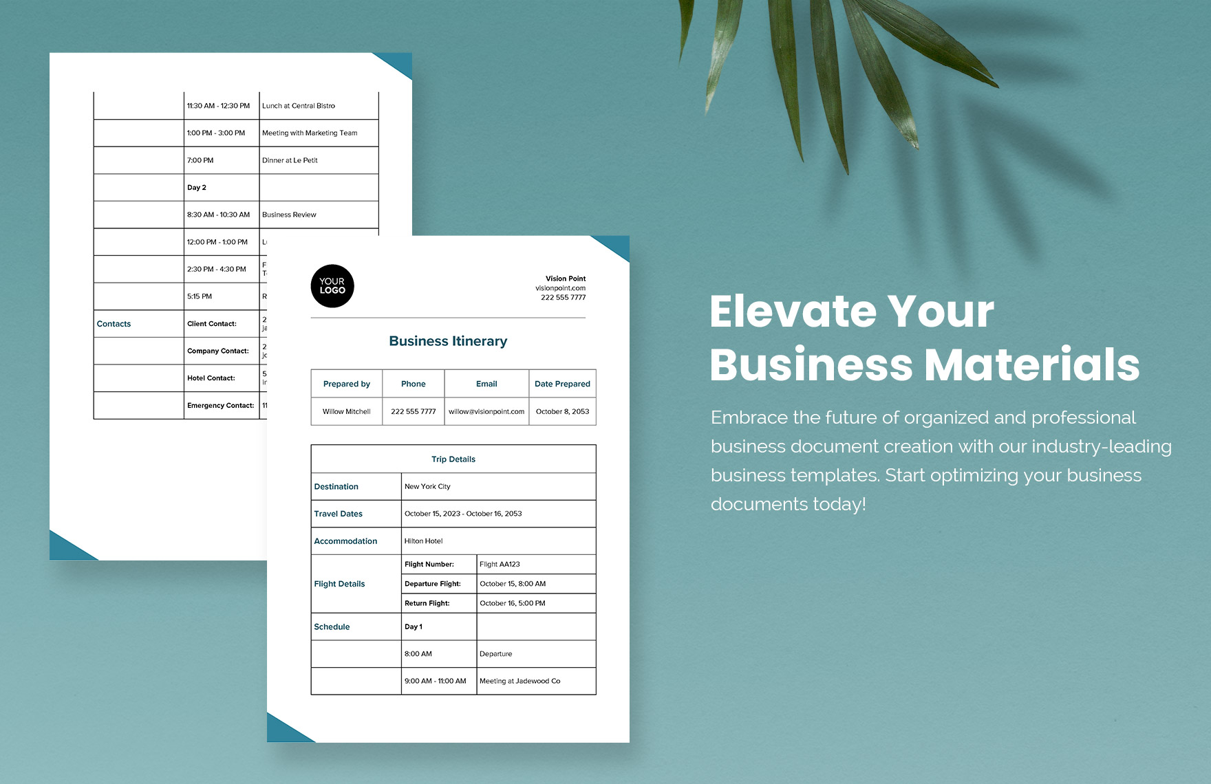 Business Itinerary Template