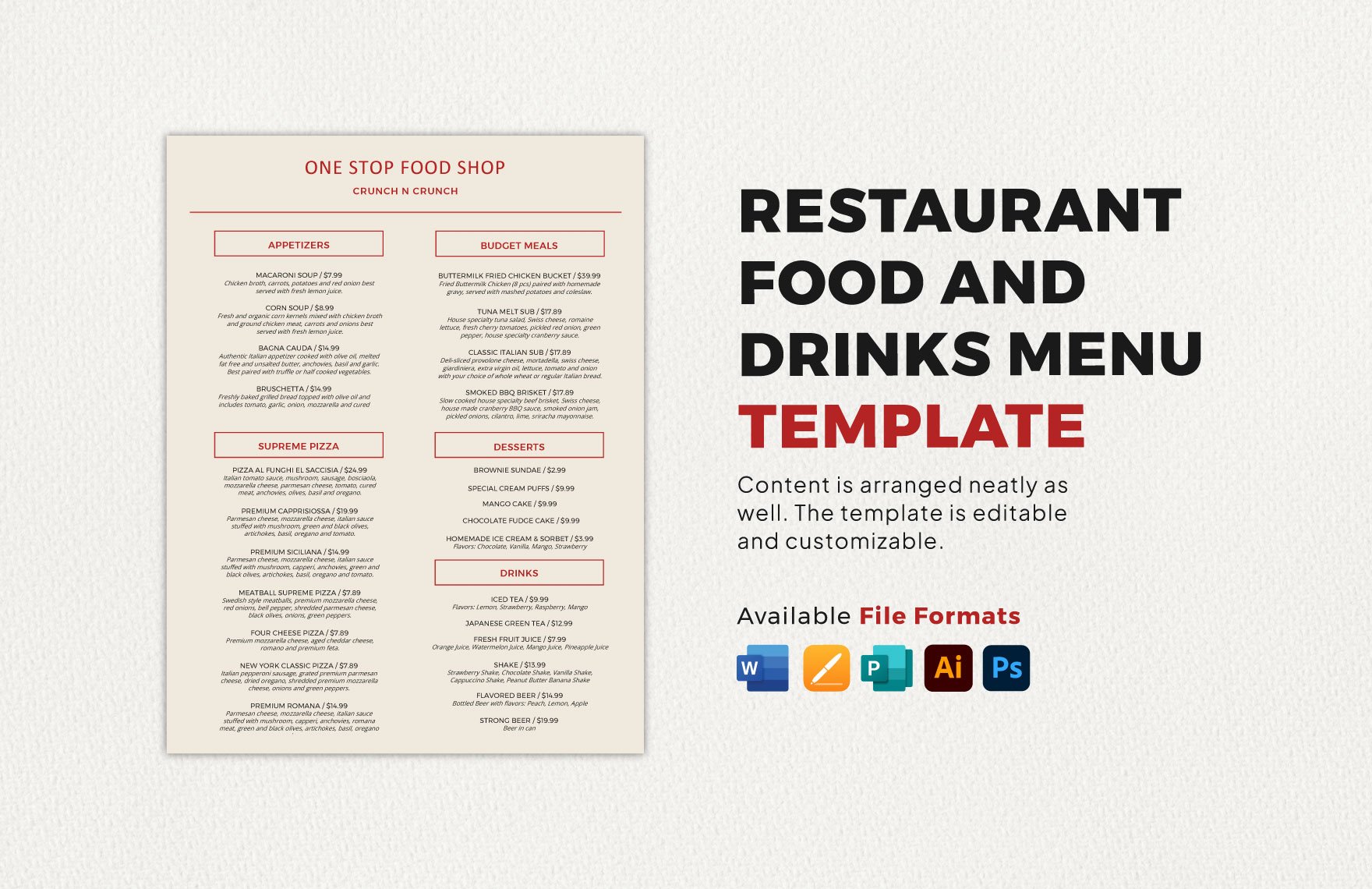 Restaurant Food and Drinks Menu Template in Word, Illustrator, PSD, Apple Pages, Publisher