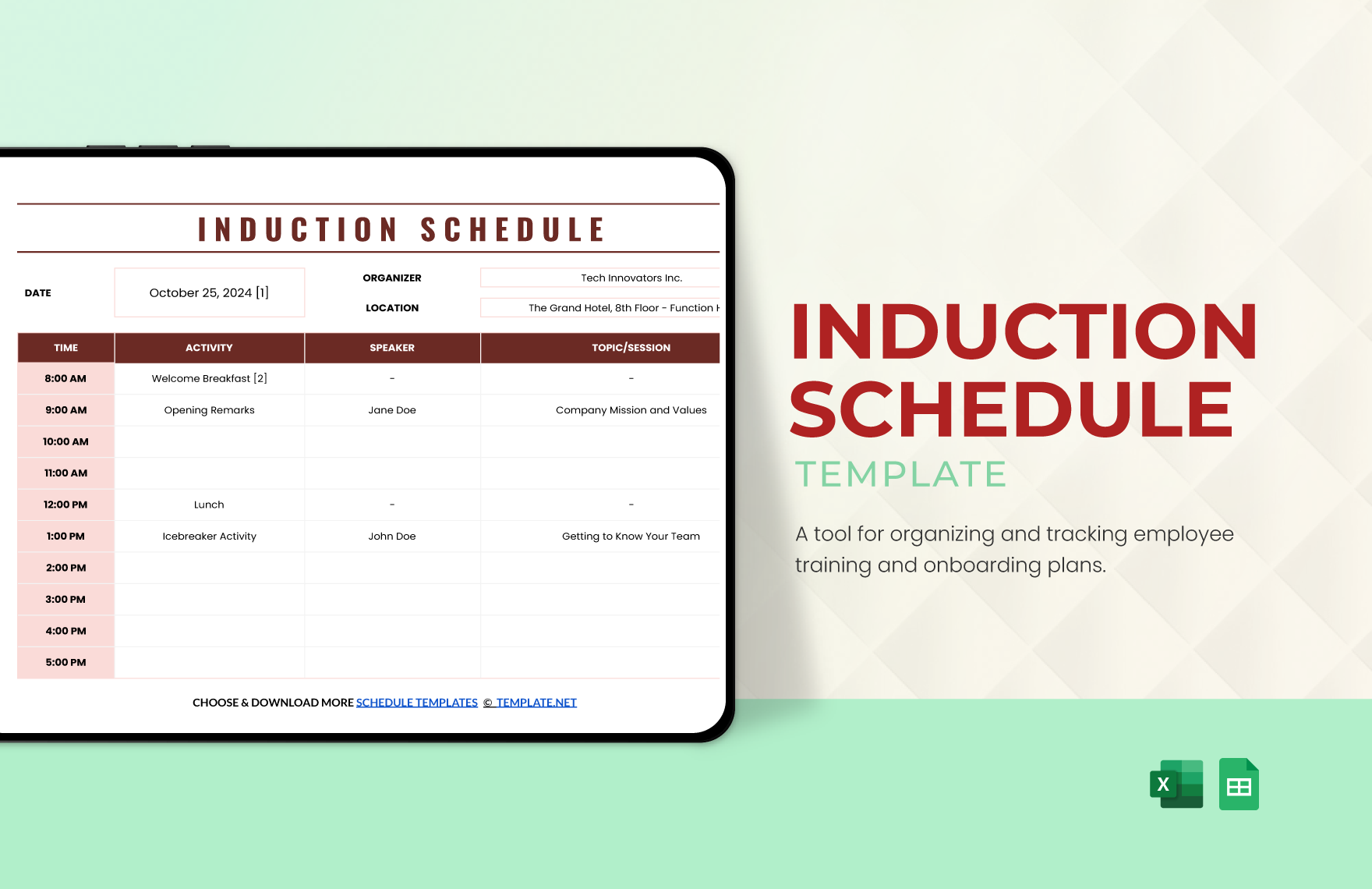 Induction Schedule Template in Excel, Google Sheets