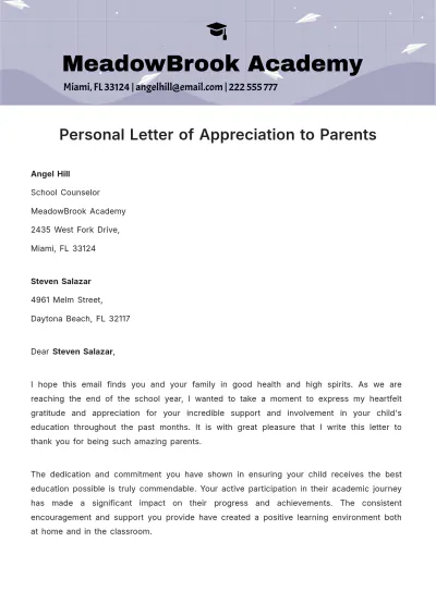 Free Personal Letter of Appreciation to Parents  Template to Edit Online