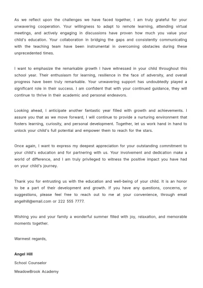 Free Personal Letter of Appreciation to Parents  Template to Edit Online