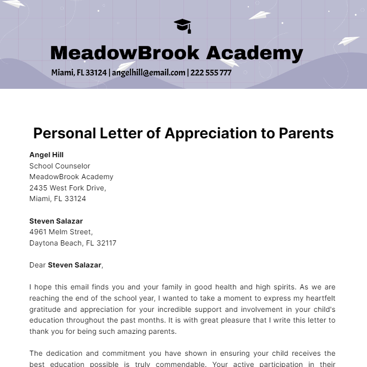 Personal Letter of Appreciation to Parents  Template