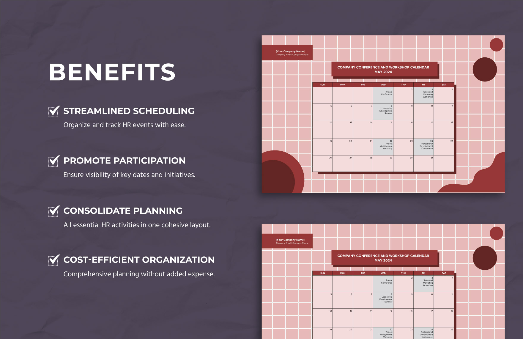 Company Conference And Workshop Calendar Template