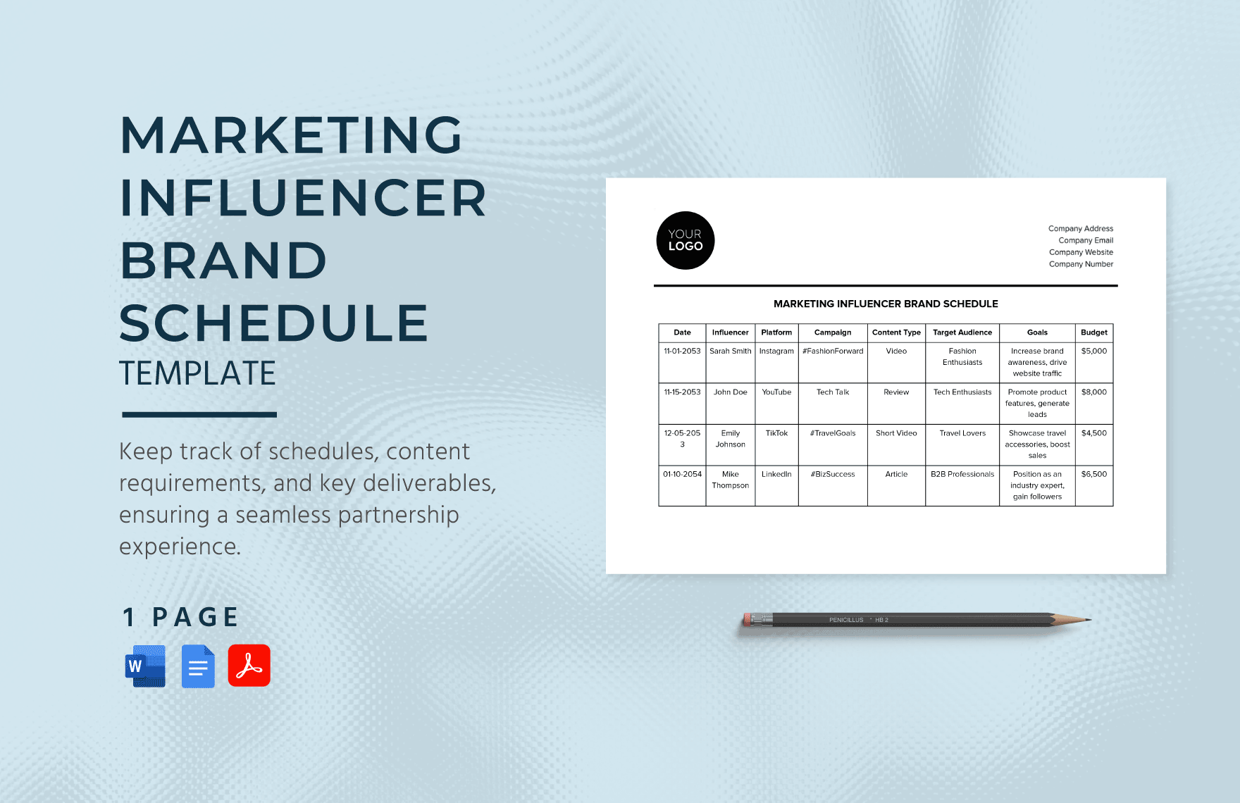 Marketing Influencer Brand Schedule Template in Word, Google Docs, PDF