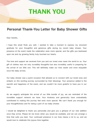 Free Personal Thank-You Letter for Baby Shower Gifts  Template to Edit Online