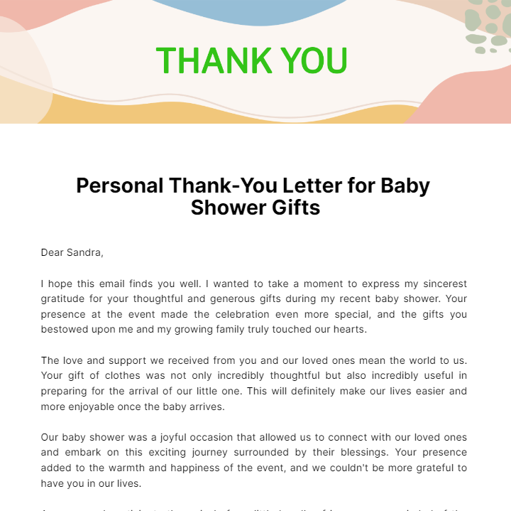 Personal Thank-You Letter for Baby Shower Gifts  Template