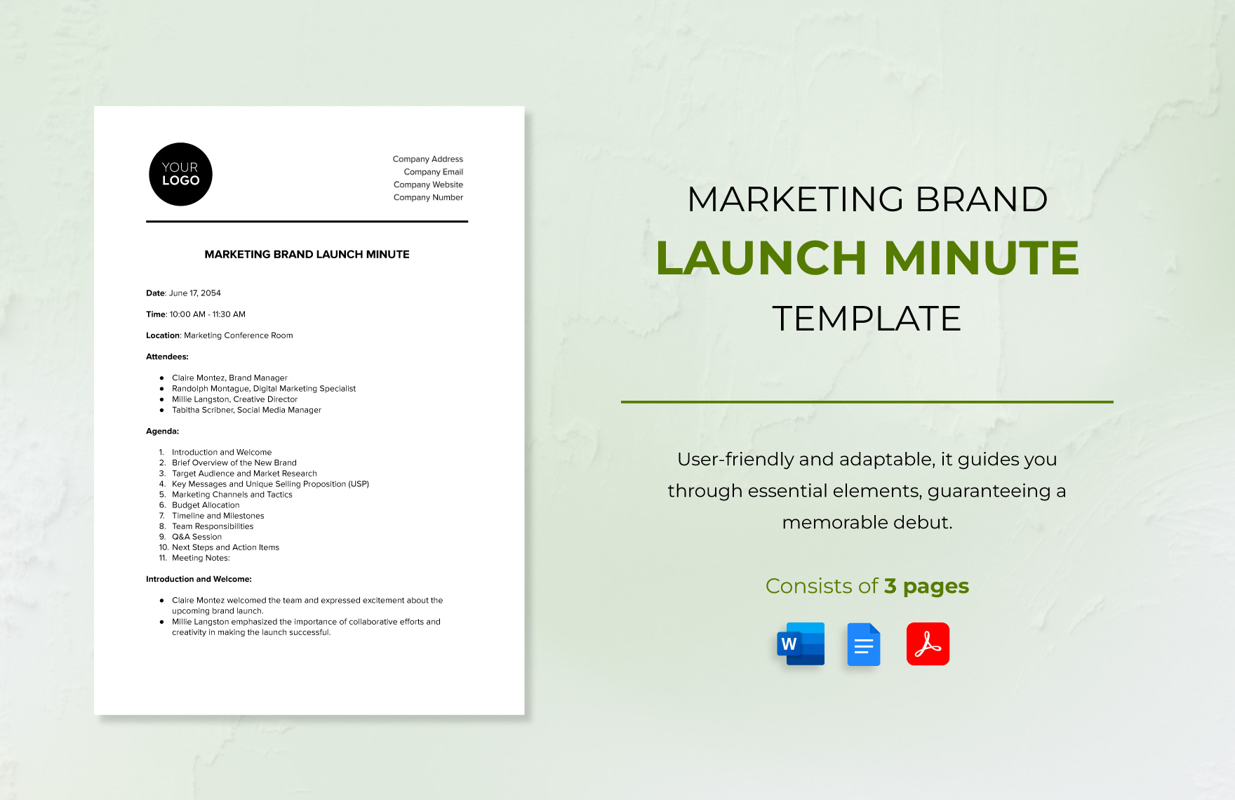 Marketing Brand Launch Minute Template in Word, Google Docs, PDF