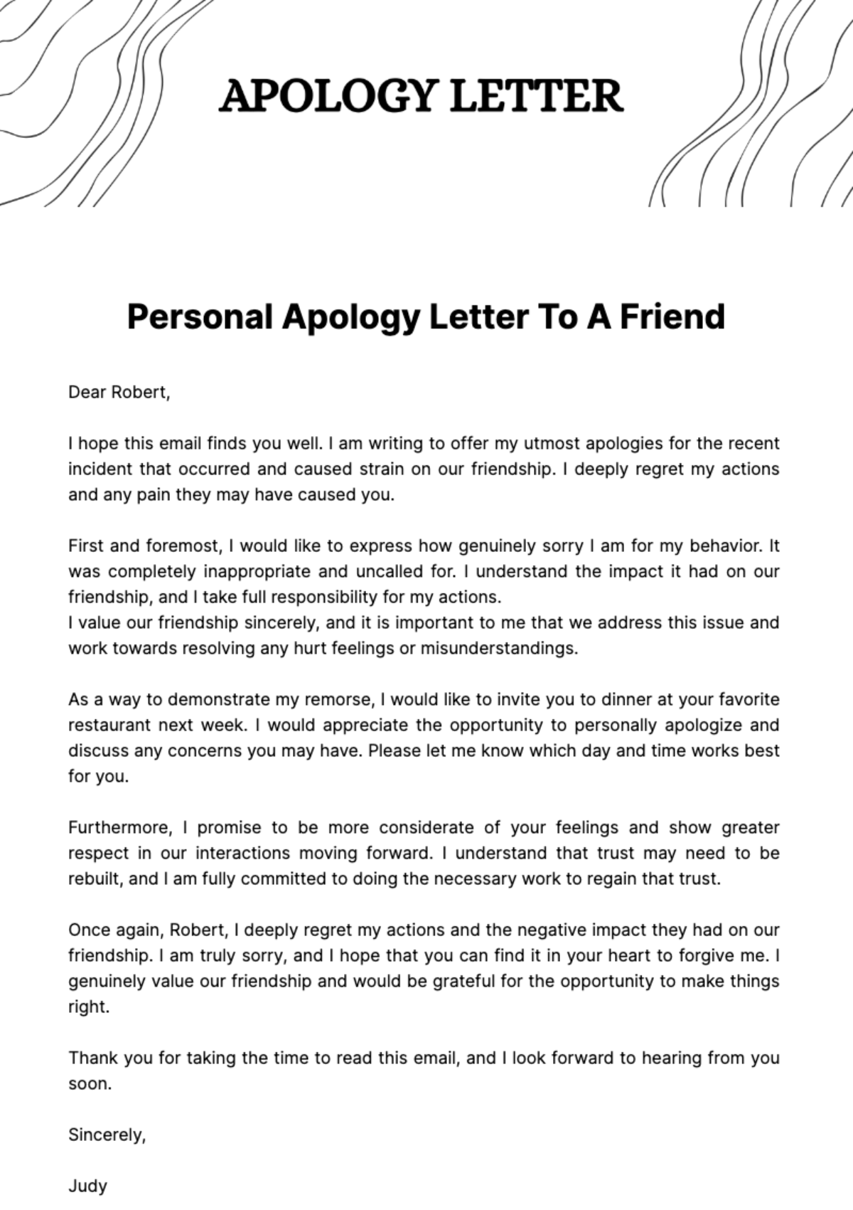 Free Personal Apology Letter to a Friend  Template