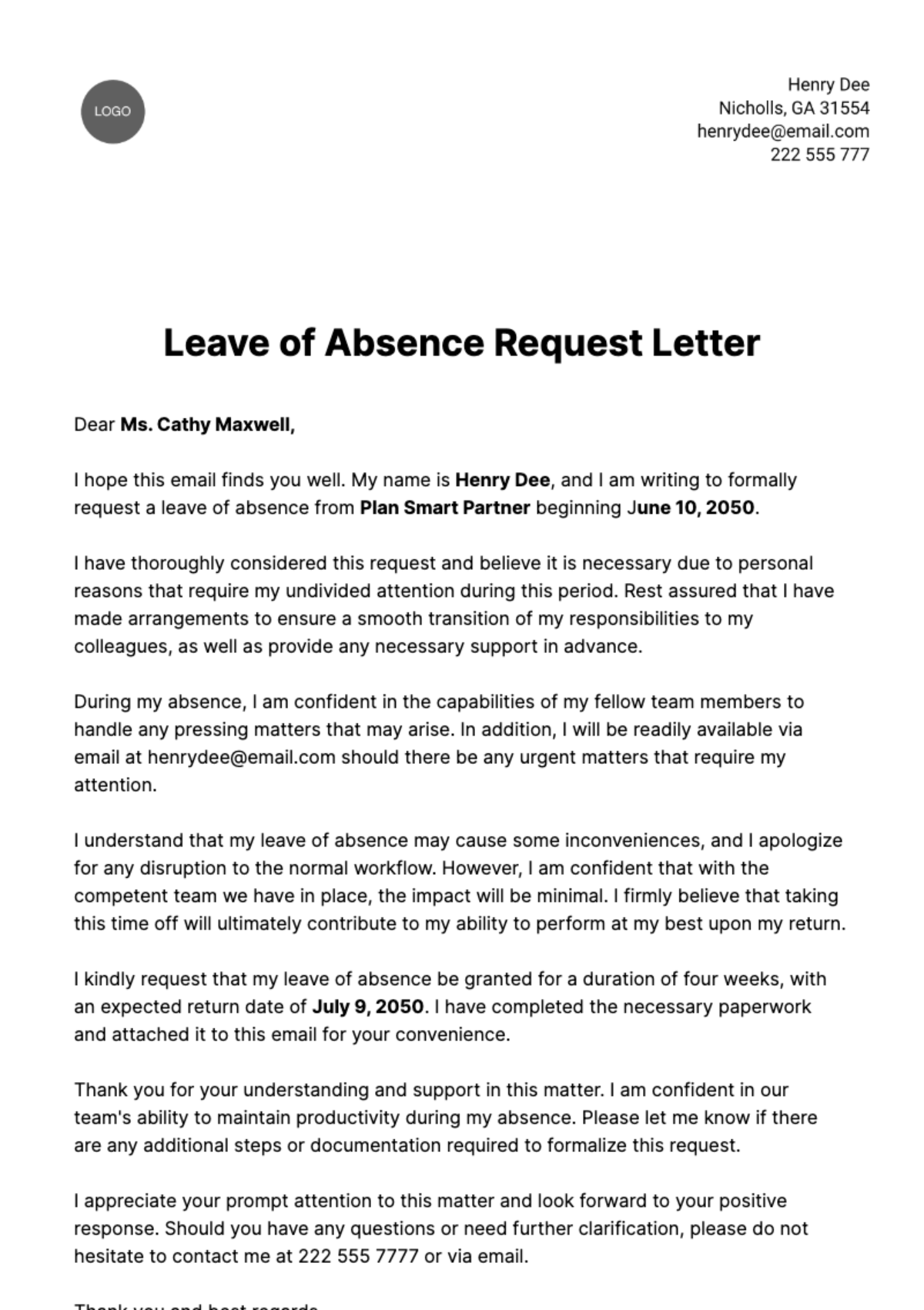 Free Leave of Absence Request Letter  Template
