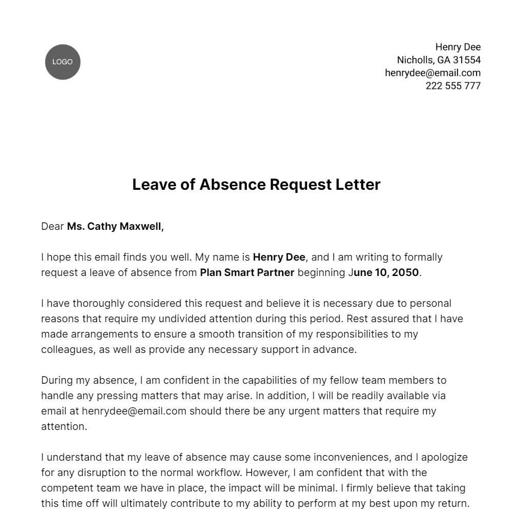 Leave of Absence Request Letter  Template