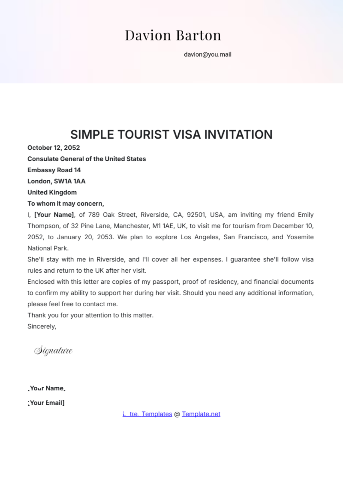 Simple Tourist Visa Invitation Template - Edit Online & Download