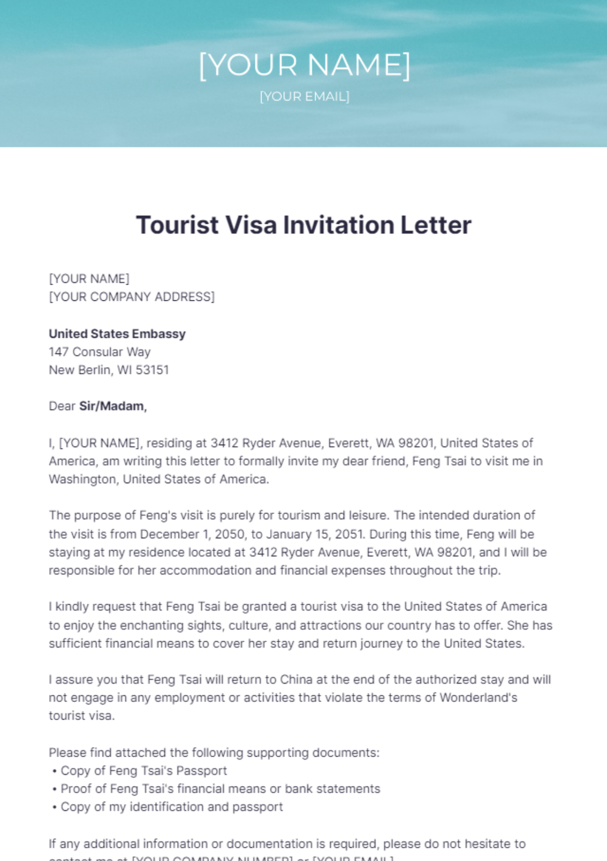 Tourist Visa Invitation Letter Template - Edit Online & Download ...