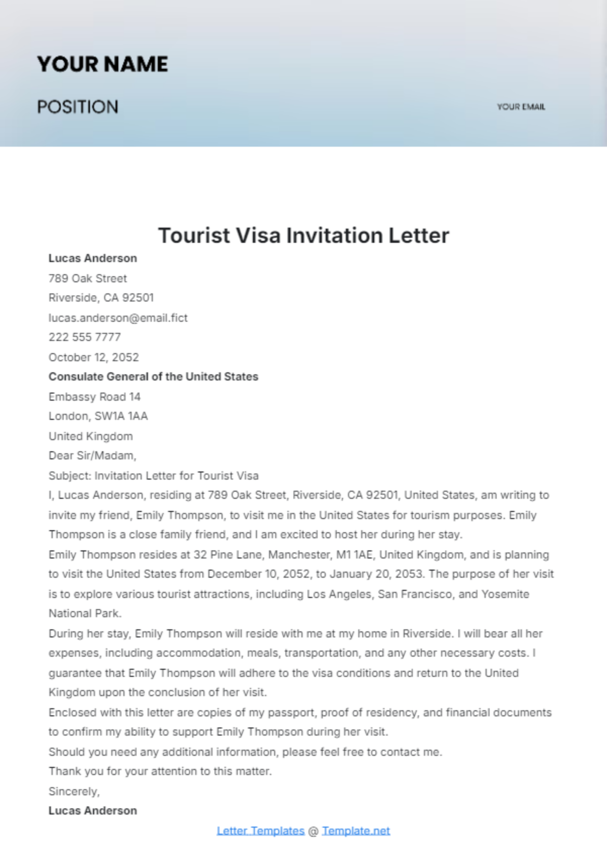 Tourist Visa Invitation Letter Template