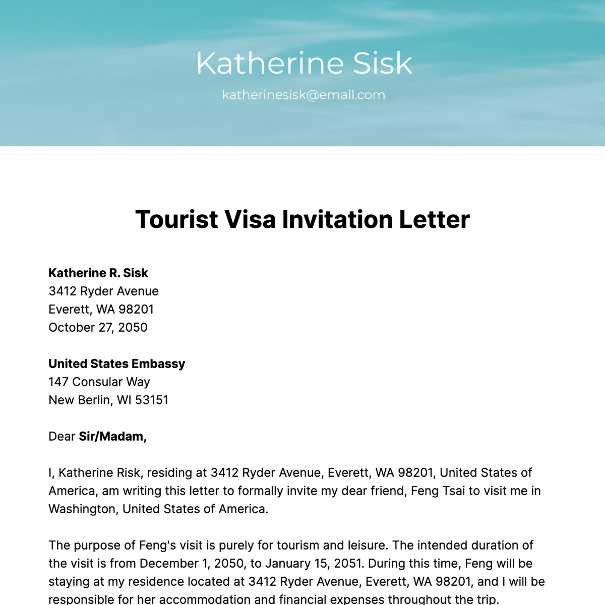 Tourist Visa Invitation Letter Template