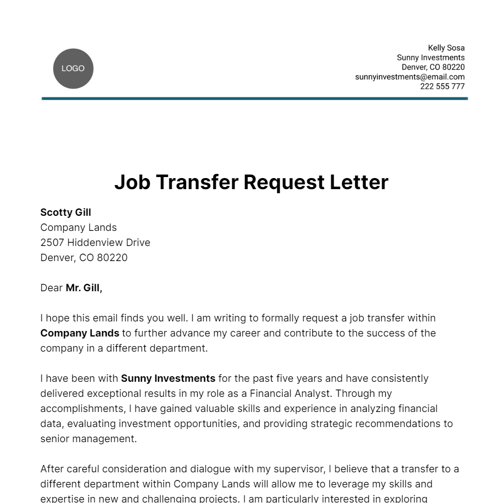 Job Transfer Request Letter  Template