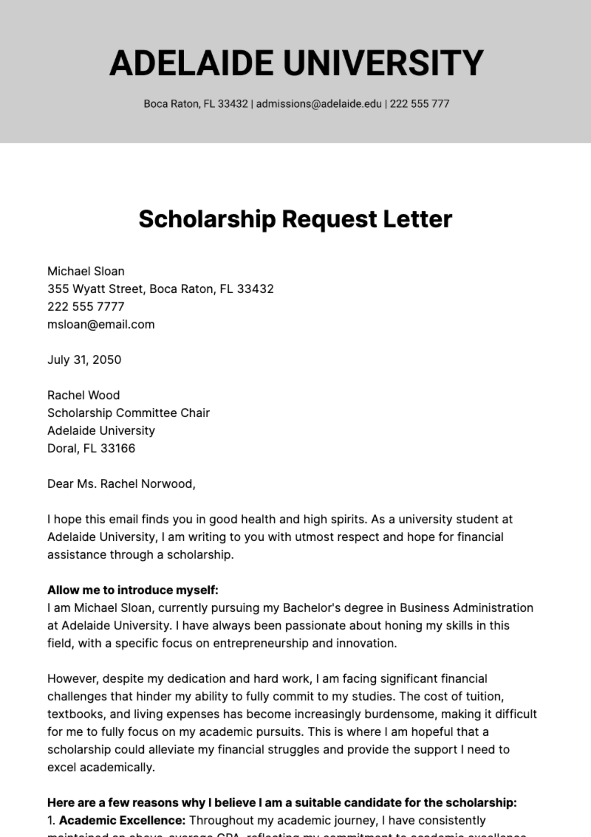 Free Scholarship Request Letter  Template