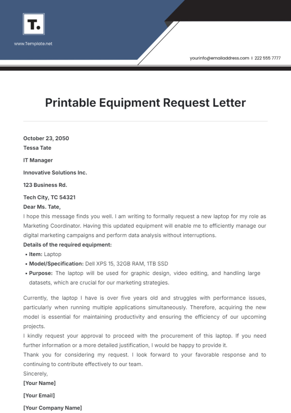 Printable Equipment Request Letter Template - Edit Online & Download