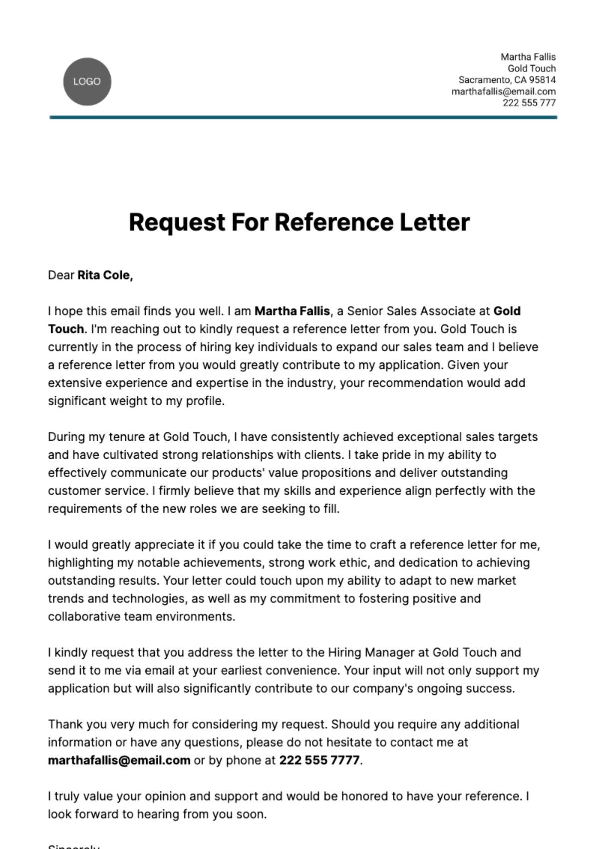 Free Reference Request Letter  Template