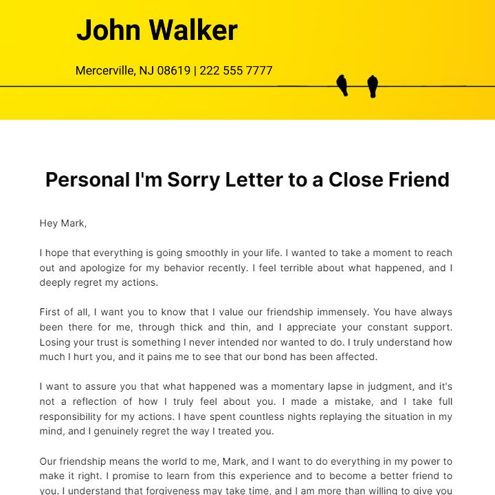 Personal I'm Sorry Letter to a Close Friend Template