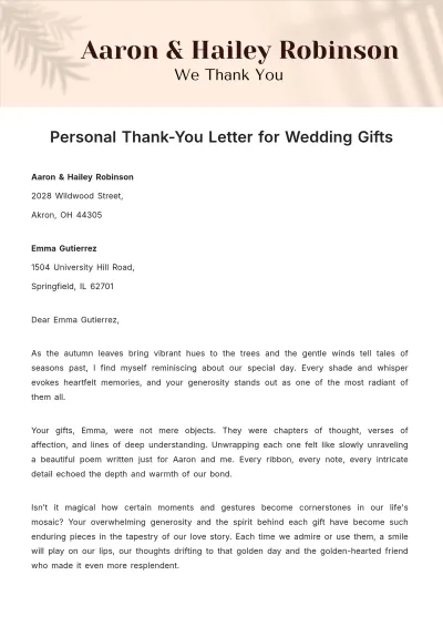 Free Personal Thank-You Letter for Wedding Gifts  Template to Edit Online