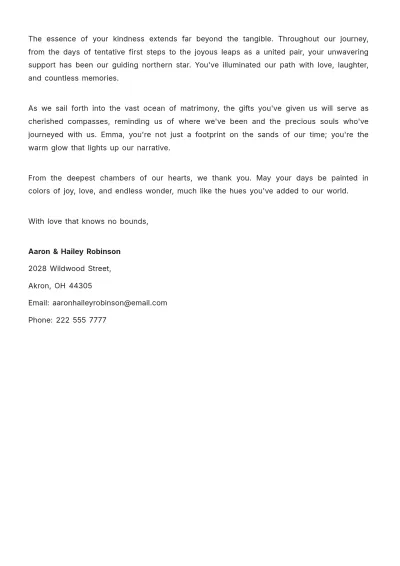 Free Personal Thank-You Letter for Wedding Gifts  Template to Edit Online