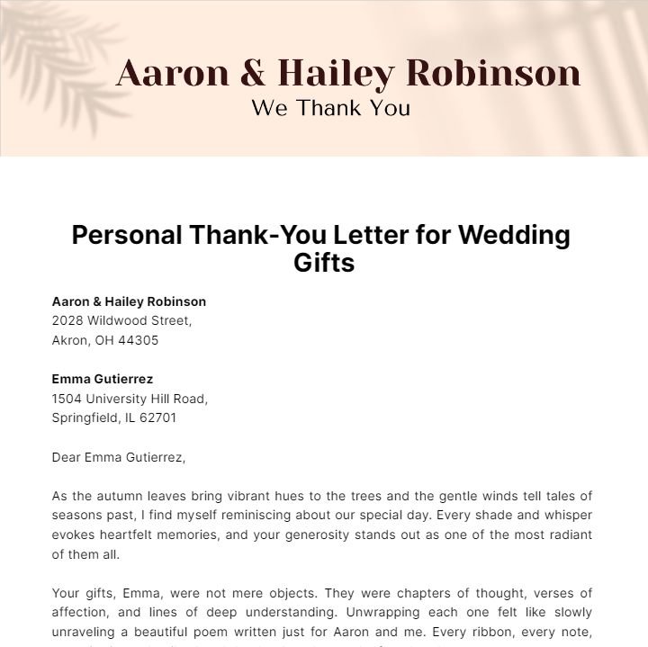 Personal Thank-You Letter for Wedding Gifts  Template