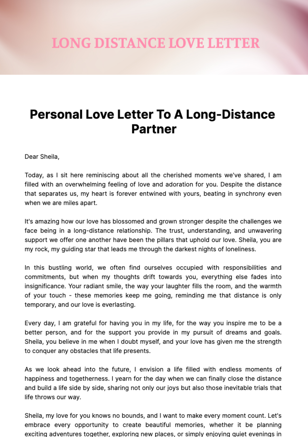 Free Personal Love Letter to a Long-Distance Partner  Template