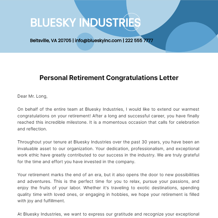 Personal Retirement Congratulations Letter  Template