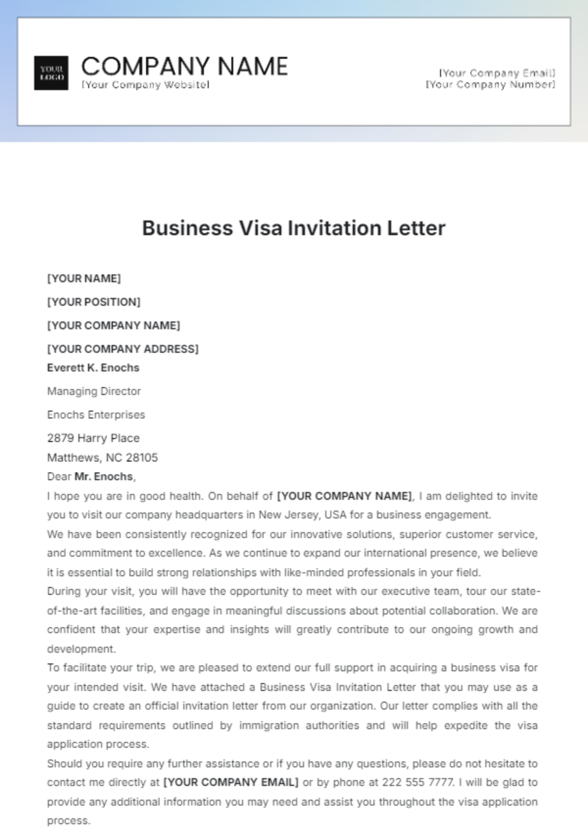 Business Visa Invitation Letter Template