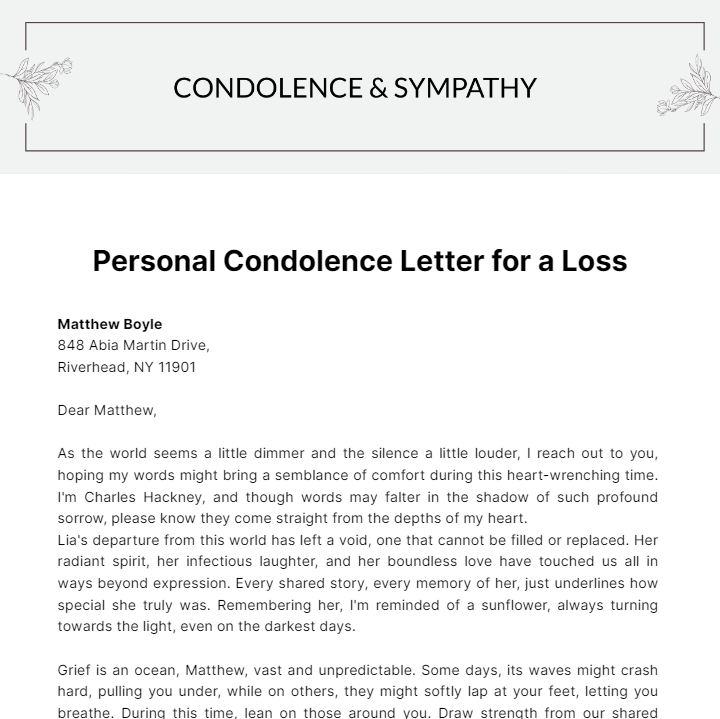 Personal Condolence Letter for a Loss  Template
