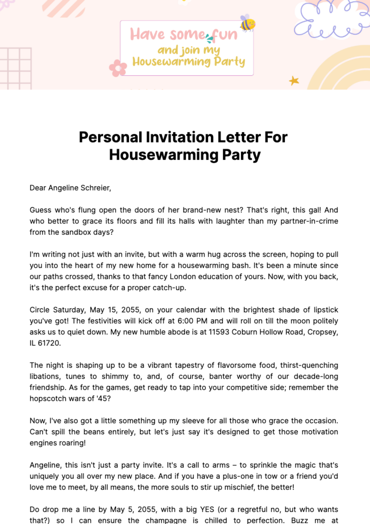 Personal Invitation Letter for Housewarming Party  Template