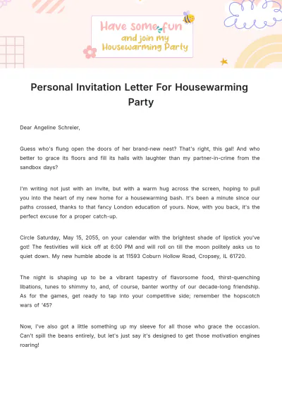 Free Personal Invitation Letter for Housewarming Party  Template to Edit Online