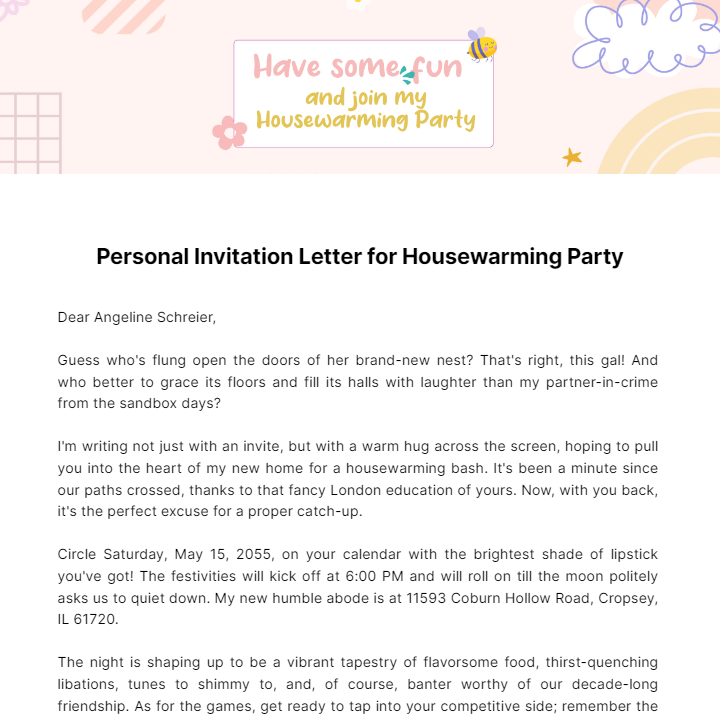 Personal Invitation Letter for Housewarming Party  Template - Edit Online & Download