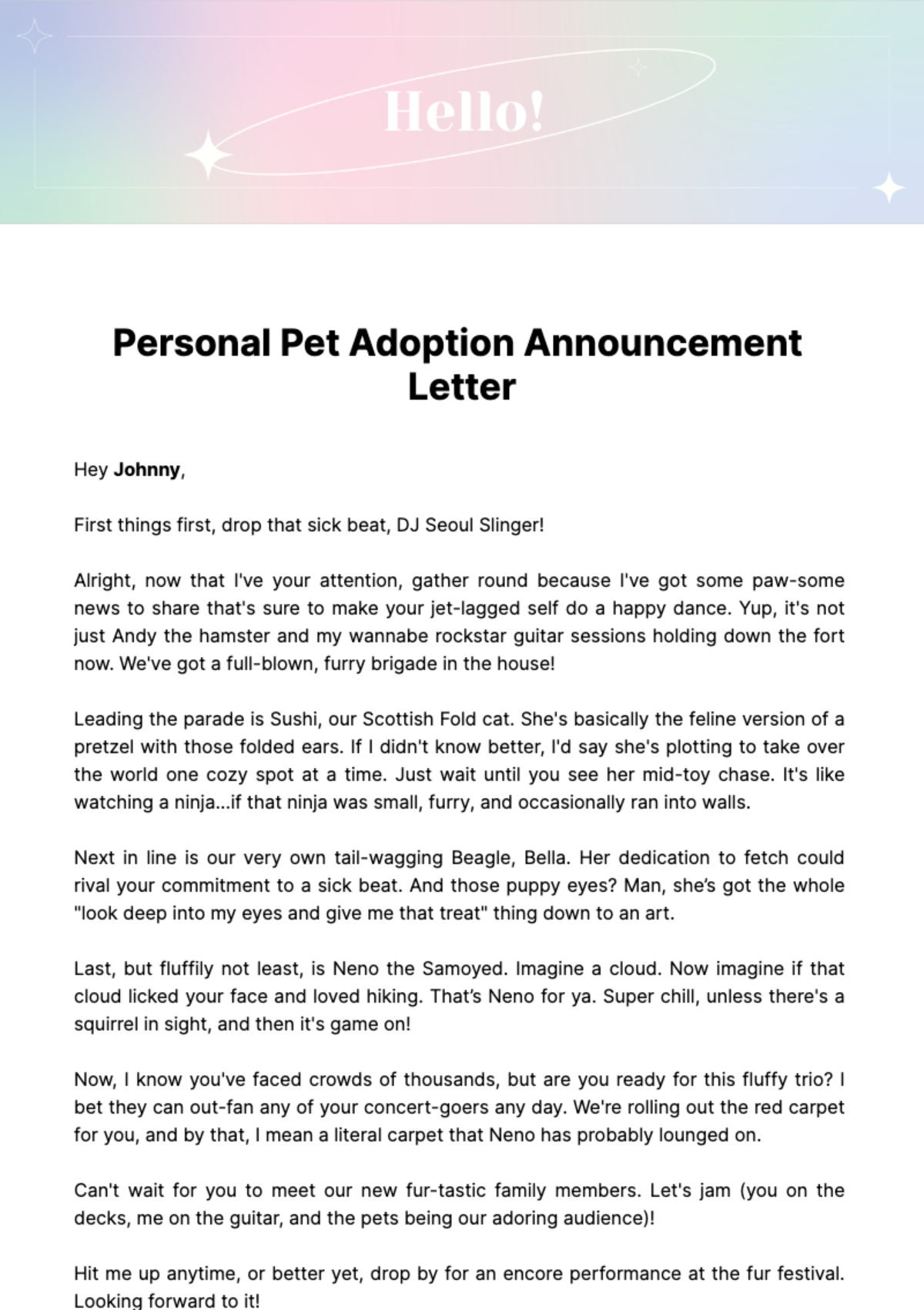 Personal Pet Adoption Announcement Letter Template