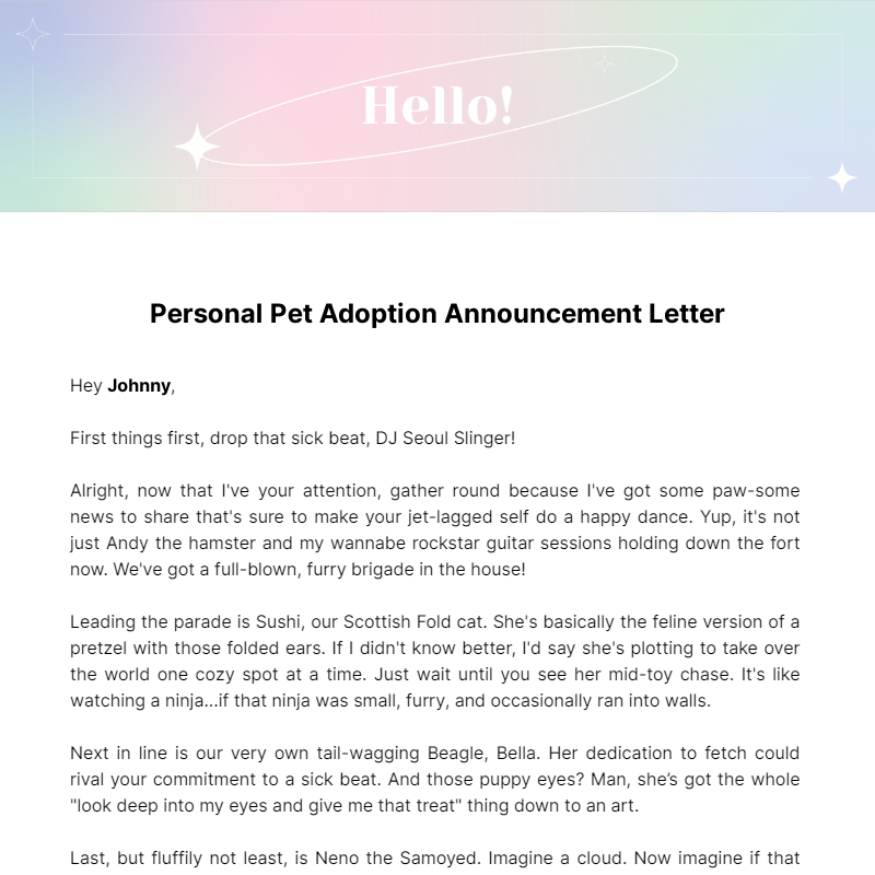 Personal Pet Adoption Announcement Letter Template