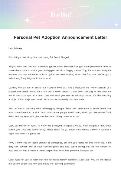 Free Personal Pet Adoption Announcement Letter Template to Edit Online