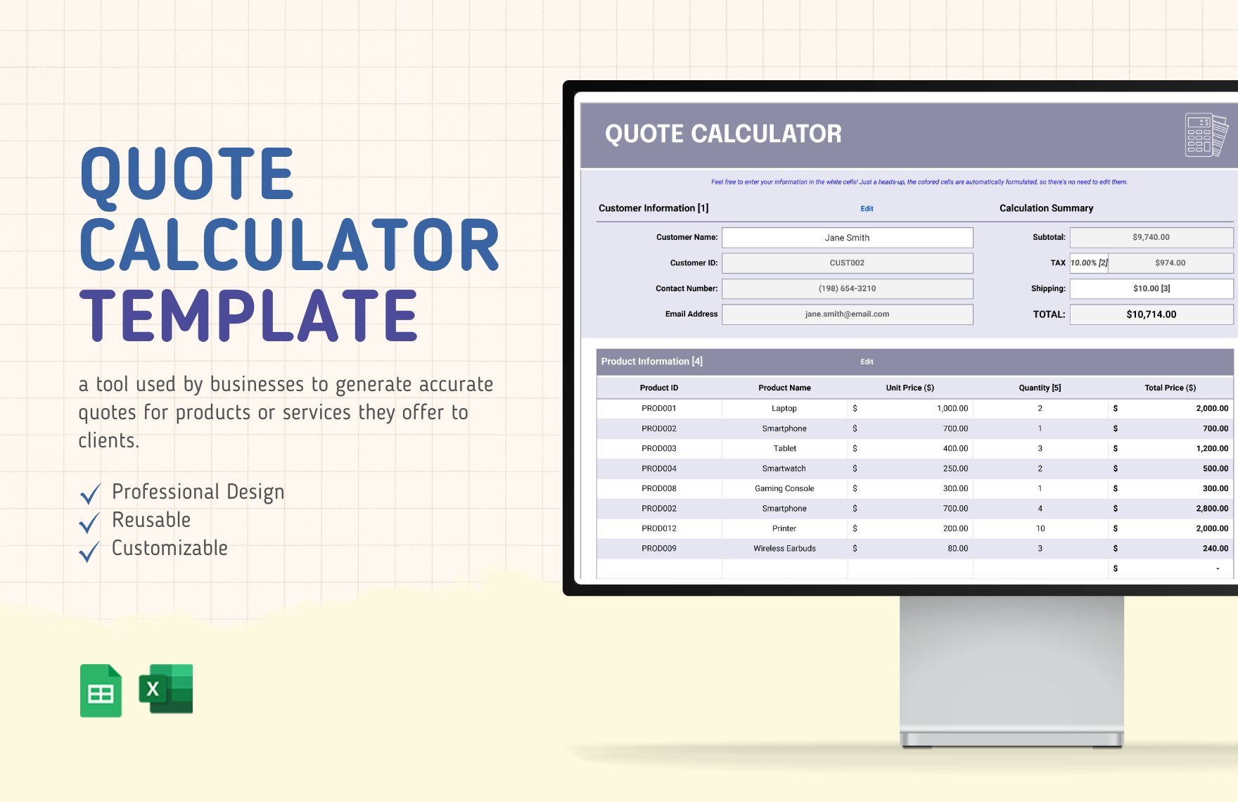 Free Quote Calculator Template in Excel, Google Sheets