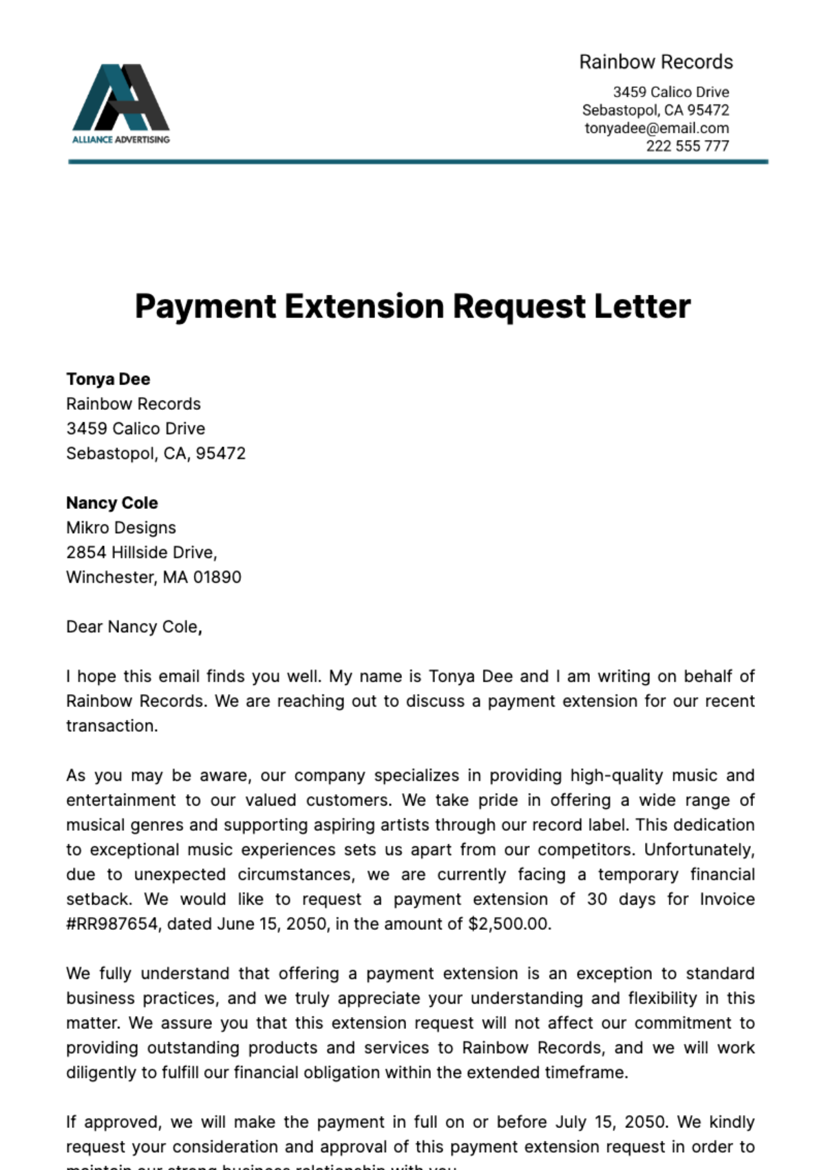 Payment Extension Request Letter  Template