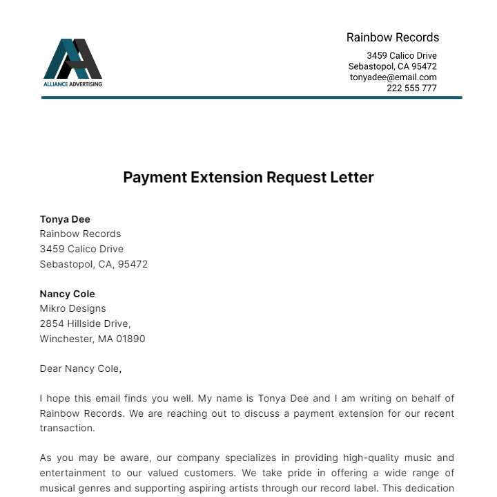 Payment Extension Request Letter  Template