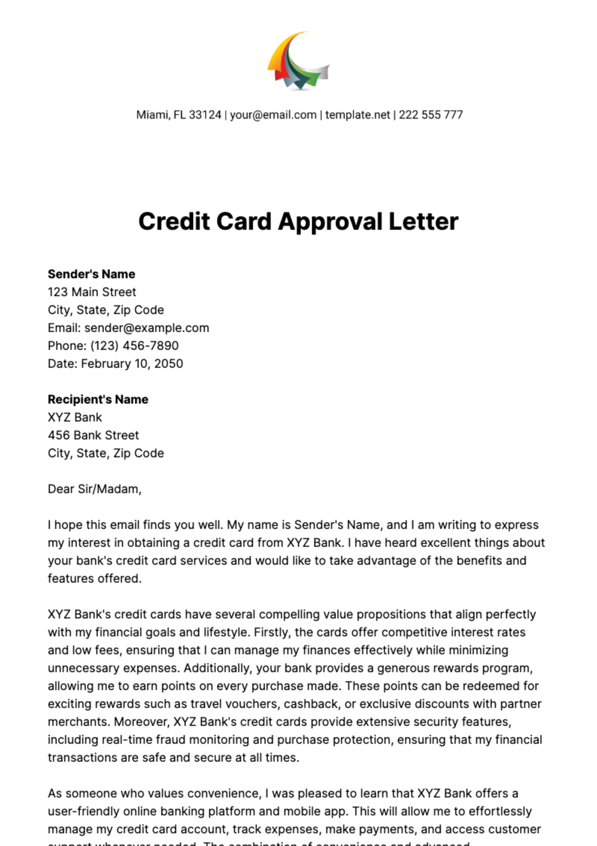 Free Credit Card Approval Letter  Template