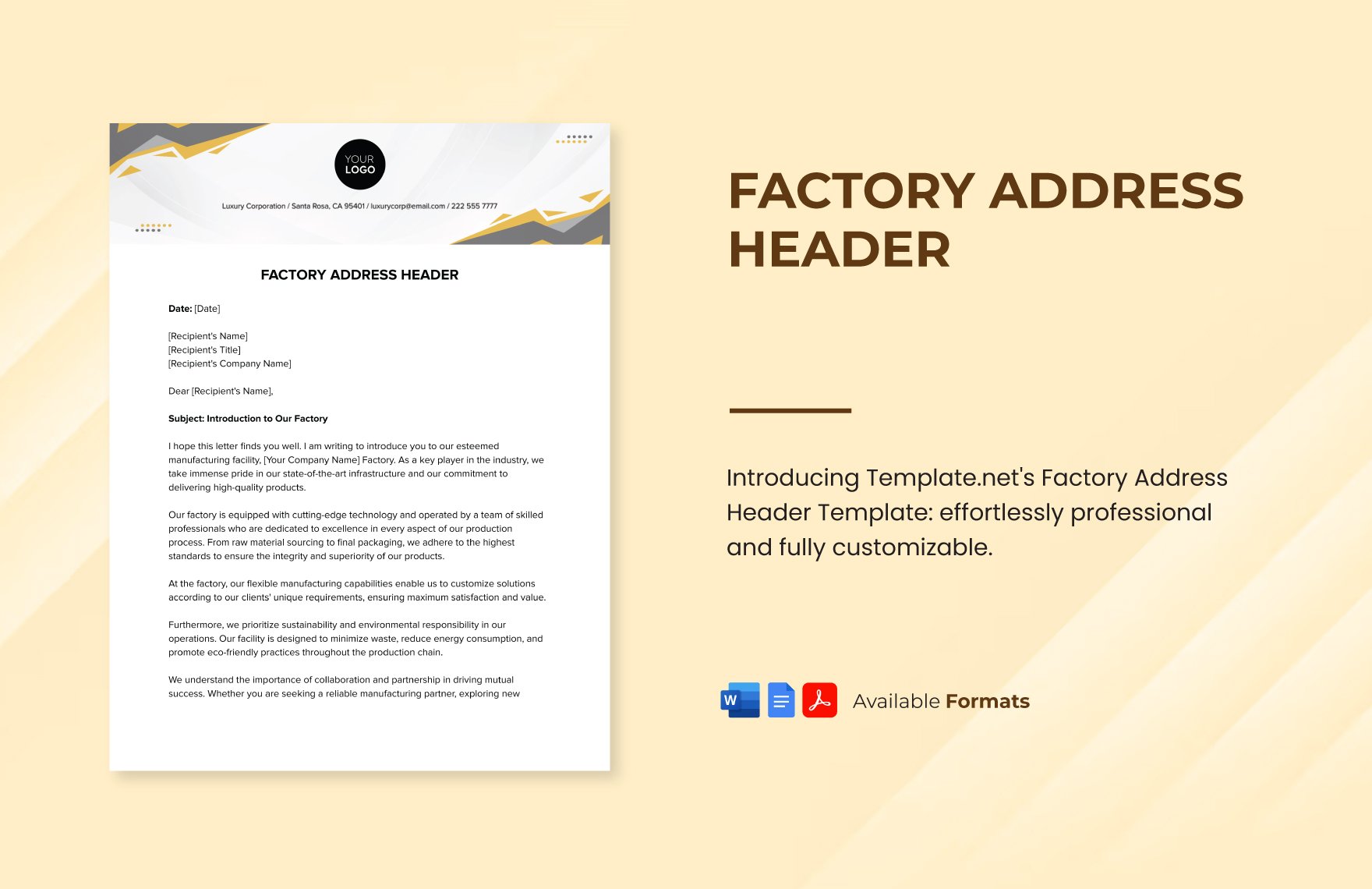 Factory Address Header in Word, Google Docs, PDF